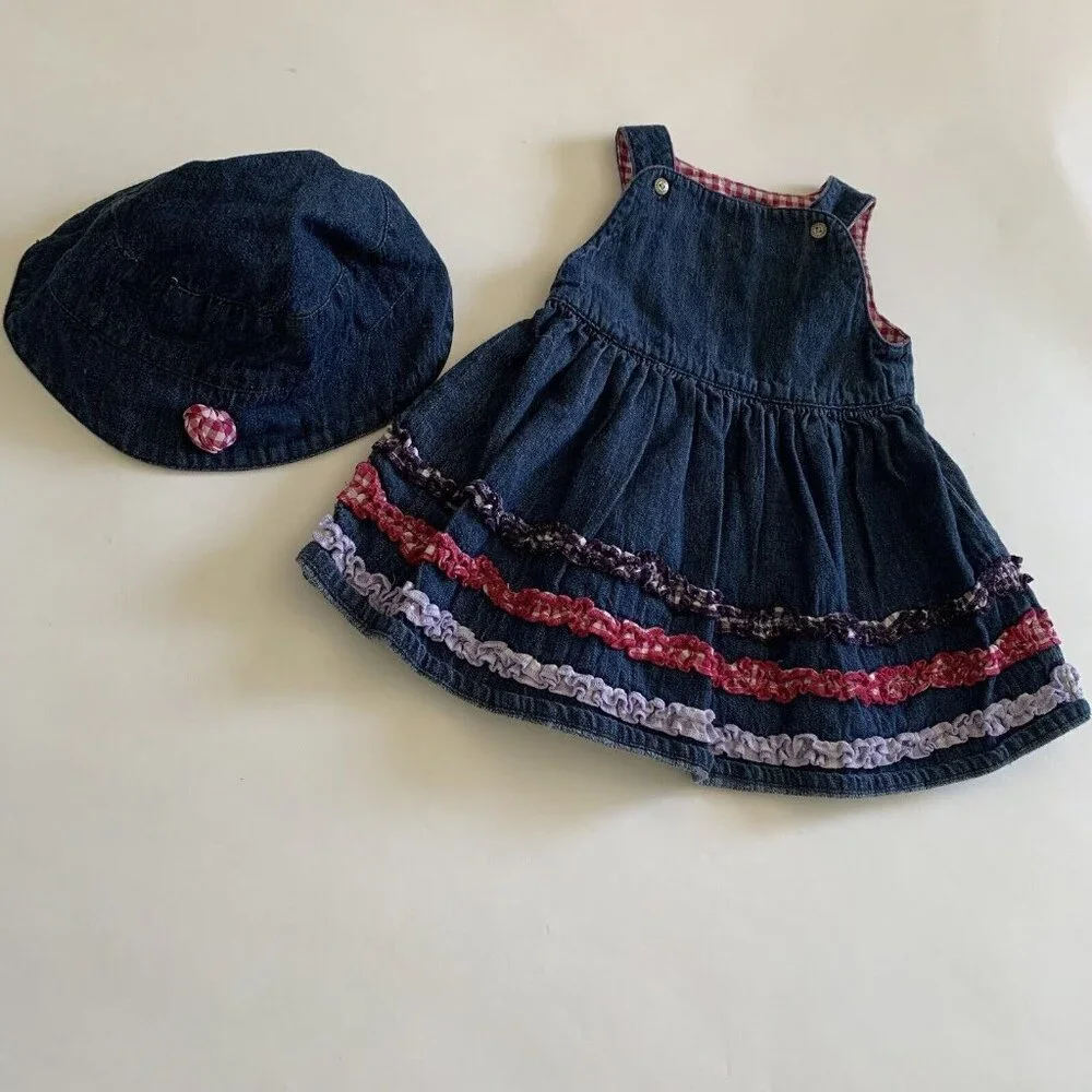 Potato Tomato Girls Size 9M Dress Denim Plaid Tiered Ruffle Dress and Hat Set